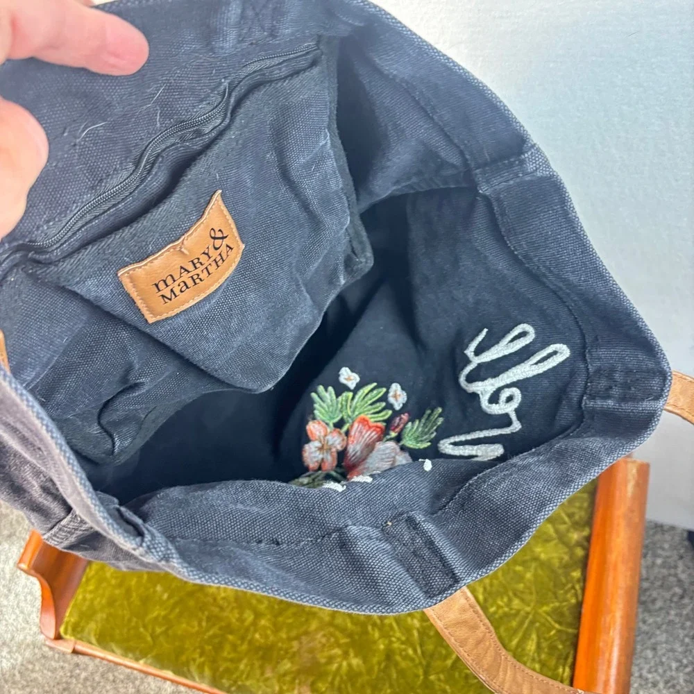 Mary & Martha It Is Well Embroidered Canvas Tote Bag Black Floral Christian